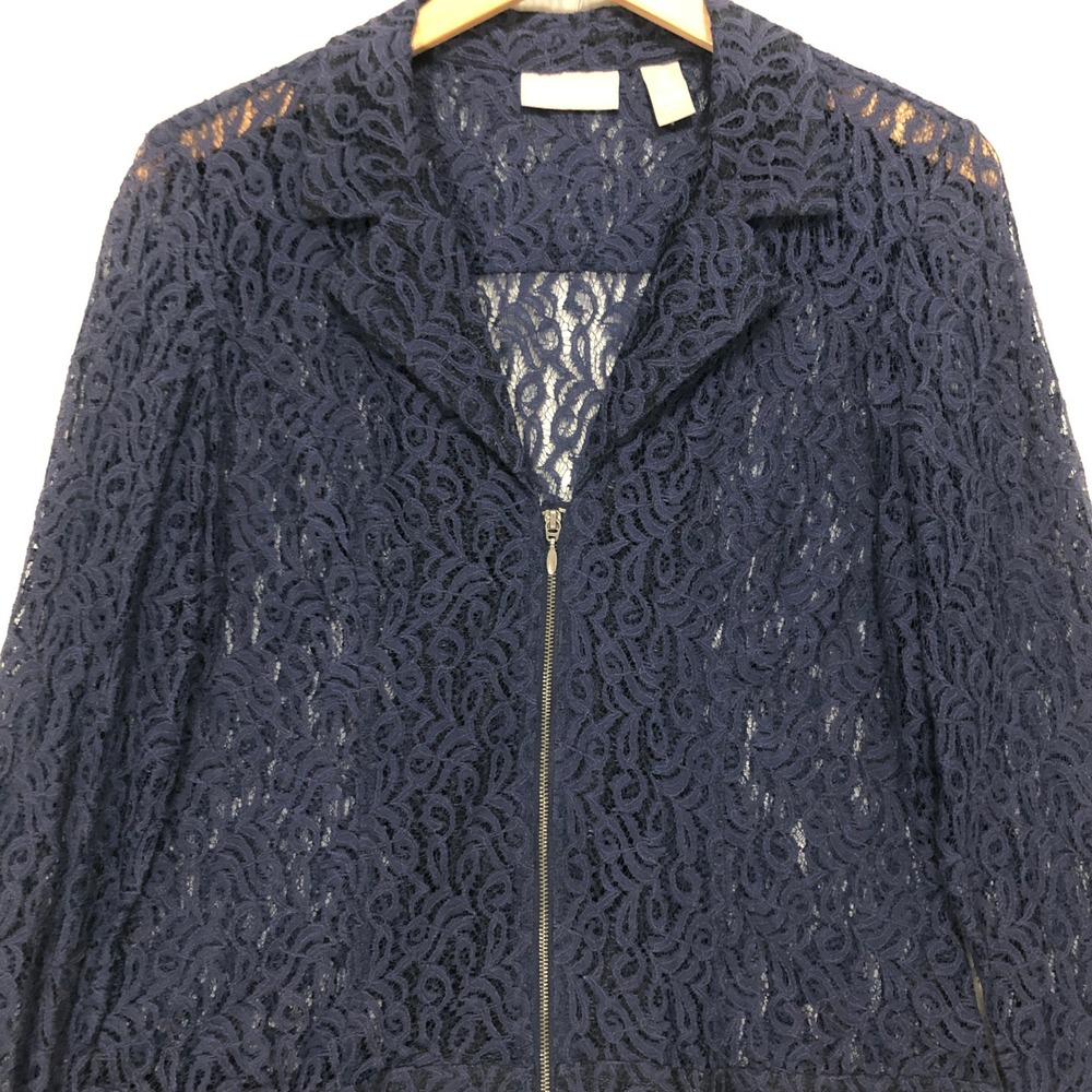 Chico's Navy Blue Floral Lace Zip Front Jacket Blazer Size 0 Small Notched Lapel